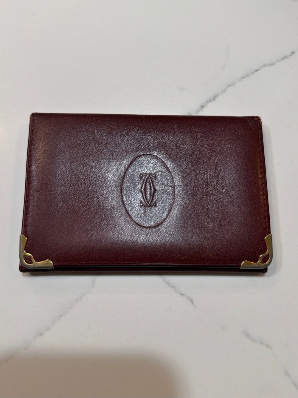 Authentic Cartier Leather Card Holder - Burgundy with Gold Corners